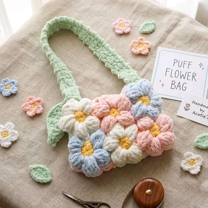 Tas Rajut Lucu Flower Puff Bag Crochet tote bag Bunga Empuk untuk Aksesori Fashion