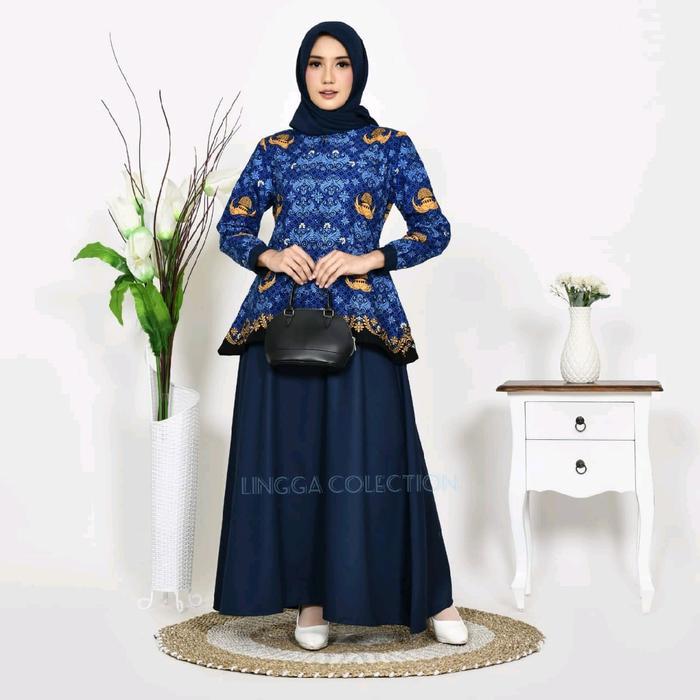 Gamis Batik KORPRI Rok Navy Baju Kancing