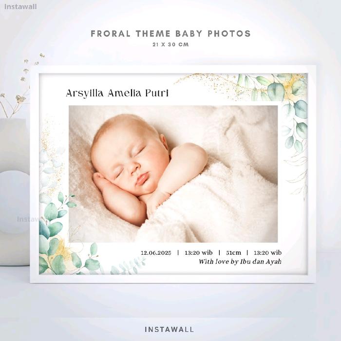 Cetak foto bingkai biodata bayi Kado Biodata kelahiran bayi aesthetic Tema Floral Foto newborn Hiasa