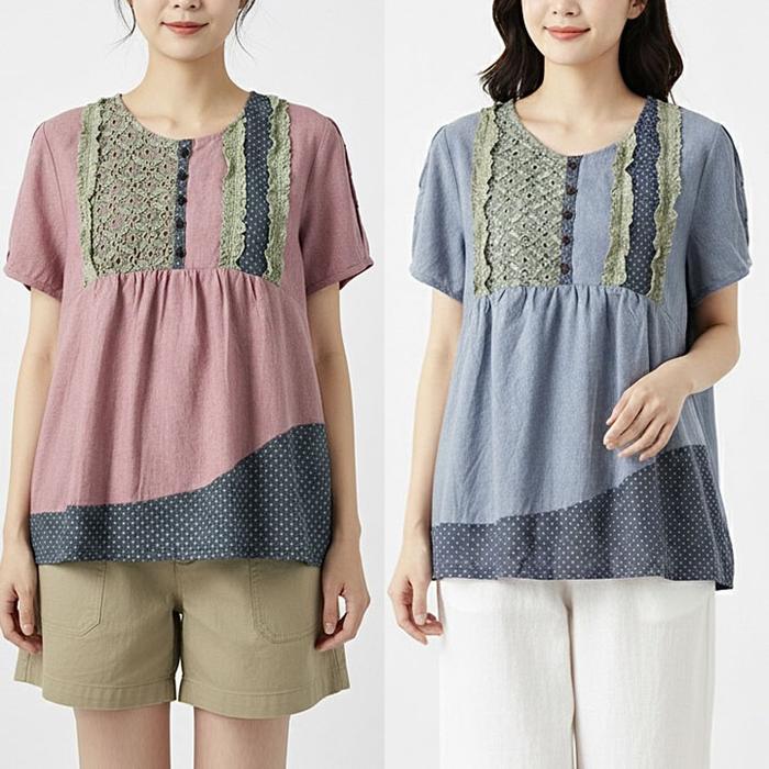 BLUS LINEN MERAH BIRU PANEL POLKADOT AKSEN RAMPEL LACE LENGAN KERUT KOREA IMPORT
