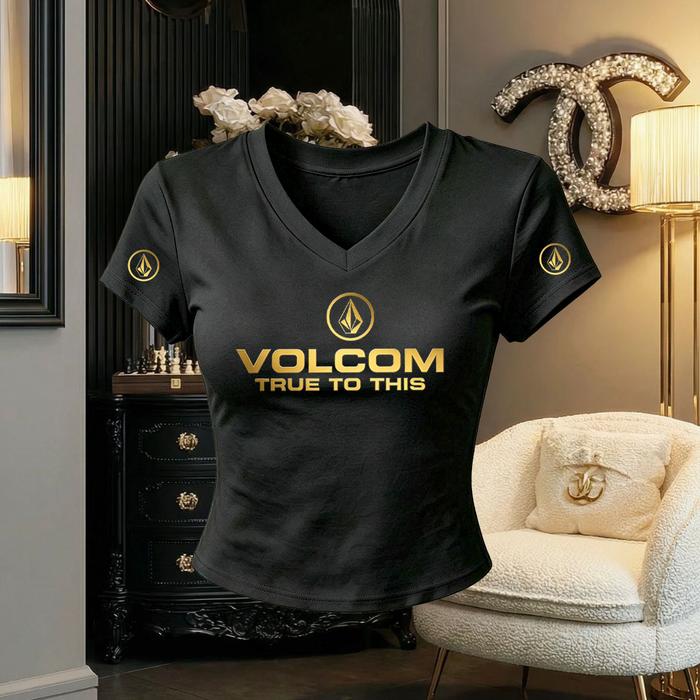 Kaos Wanita Crop Top Lengan Pendek Kerah V Motif Logo Volcom Emas Gaya Streetwear