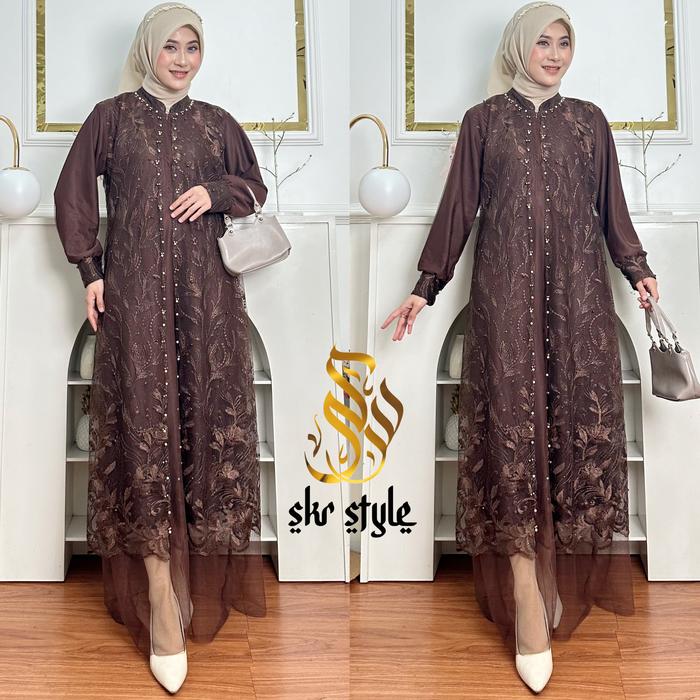 Kayla dress Gamis Mahogany Dress Tile Puring Mix Brukat Kombinasi Payet Mutiara Baju Gamis Brokat Wa