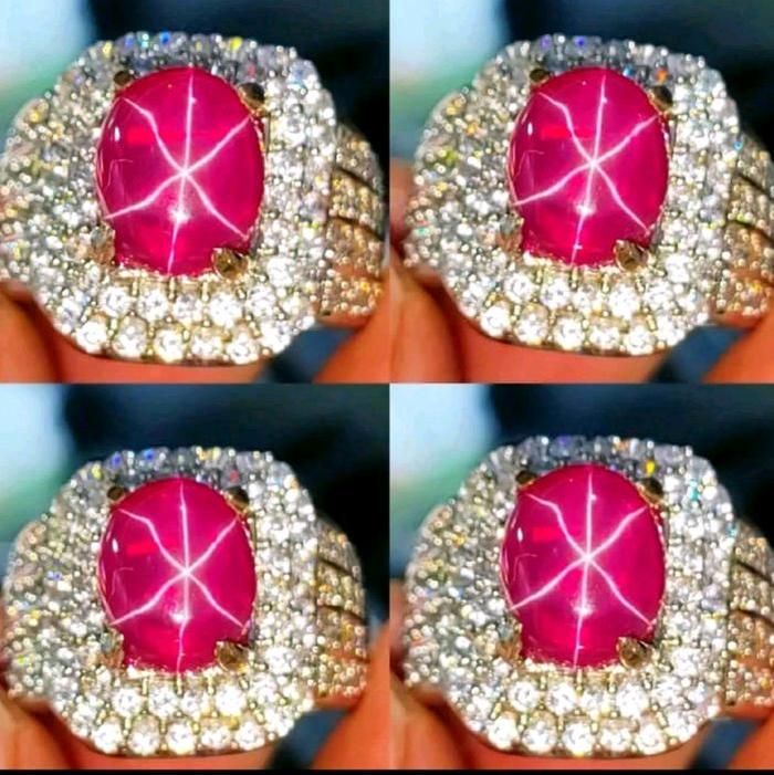 Cincin Permata Natural Merah Siam Delima Star 6 Rays Hot Ring Full Mikro dengan Desain Elegan dan Ki