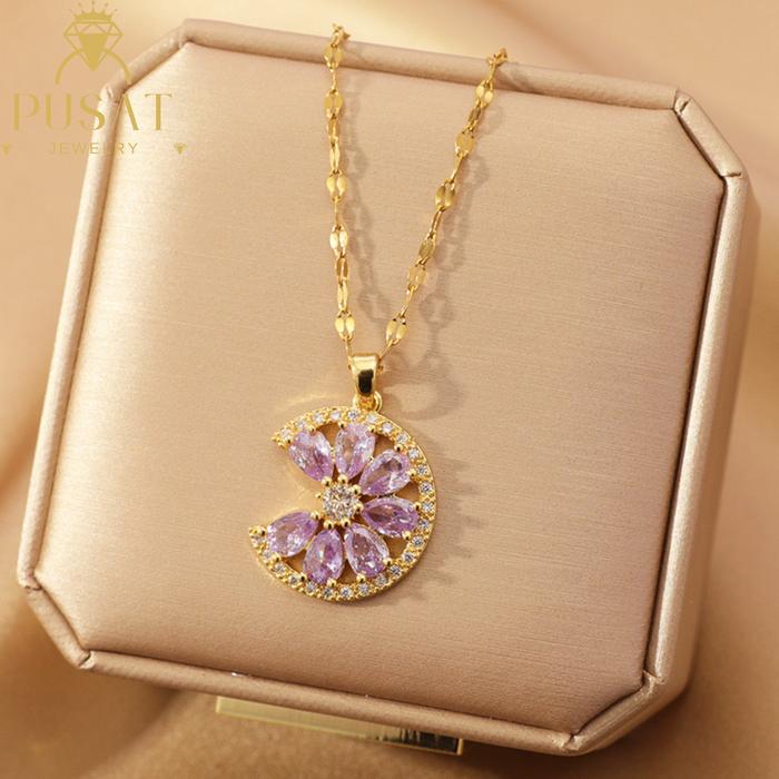 PJ K392 Kalung Titanium Wanita Liontin C Permata Ungu Pink
