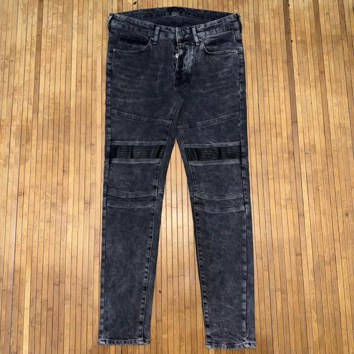 ZARA MAN SKINNY FIT DISTRESSED BIKER MOTORCYCLE MIX LEATHER STRETCH DENIM JEANS philipp plein amiri 