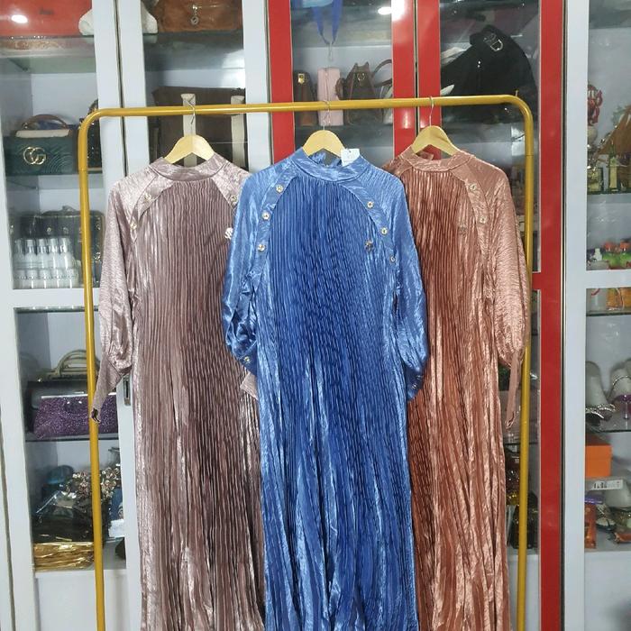 Gamis  denim mauve coklat premium plisket impor shella shaukia orygnal Muslim