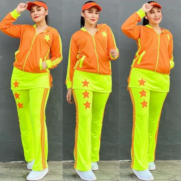 Setelan Baju Olahraga Aerobik Stelan Lapangan Zumba Panjang Muslimah Hijab Set Rok Bintang Orange St