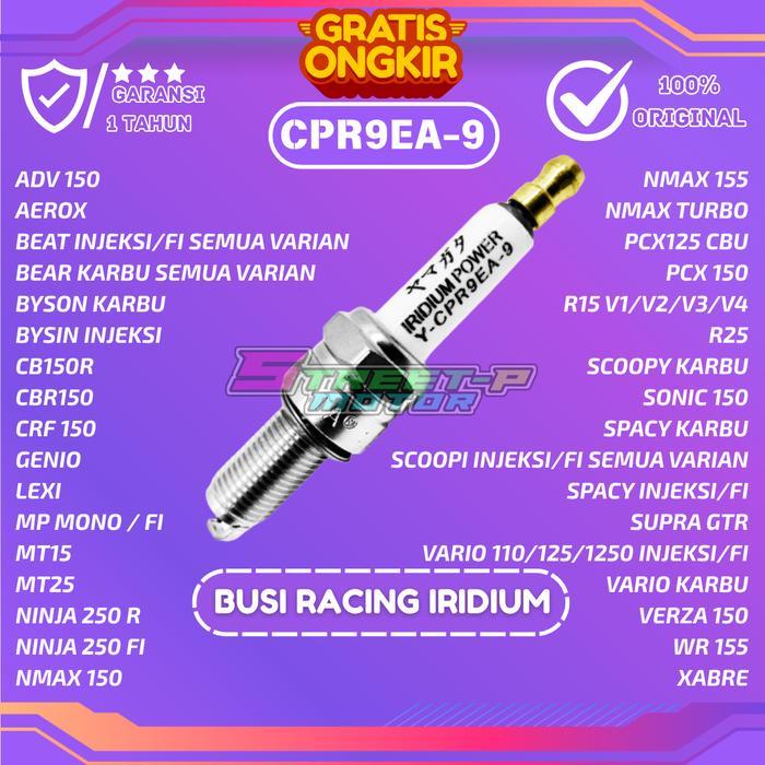 BUSI RACING SUPER IRIDIUM CPR9EA-9 BEAT,SCOOPY,VARIO,R15,NMAX,BYSON,AEROX,CBR150 Karbu Asli Gas Loga
