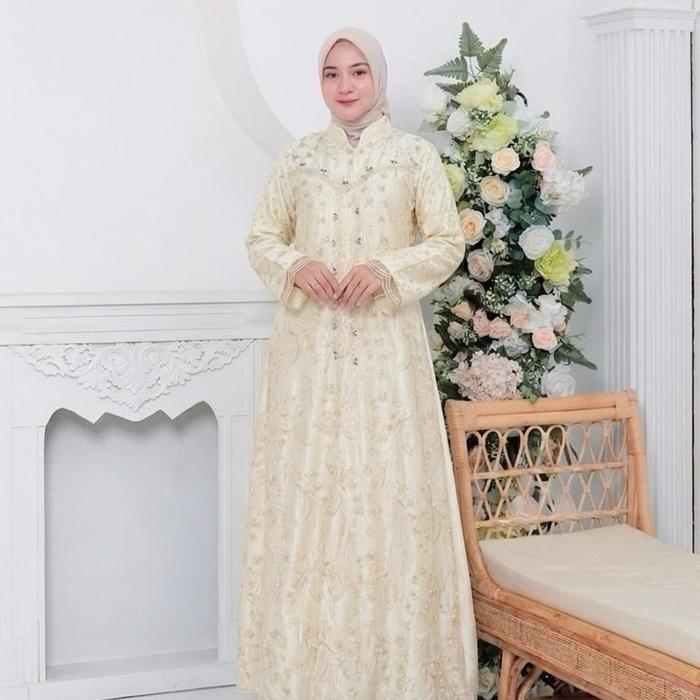 Gamis Pesta Kondangan Terbaru 2026 Salena Dress Gamis Brokat 2026 Warna Batter Yellow Bahan Satin Ve