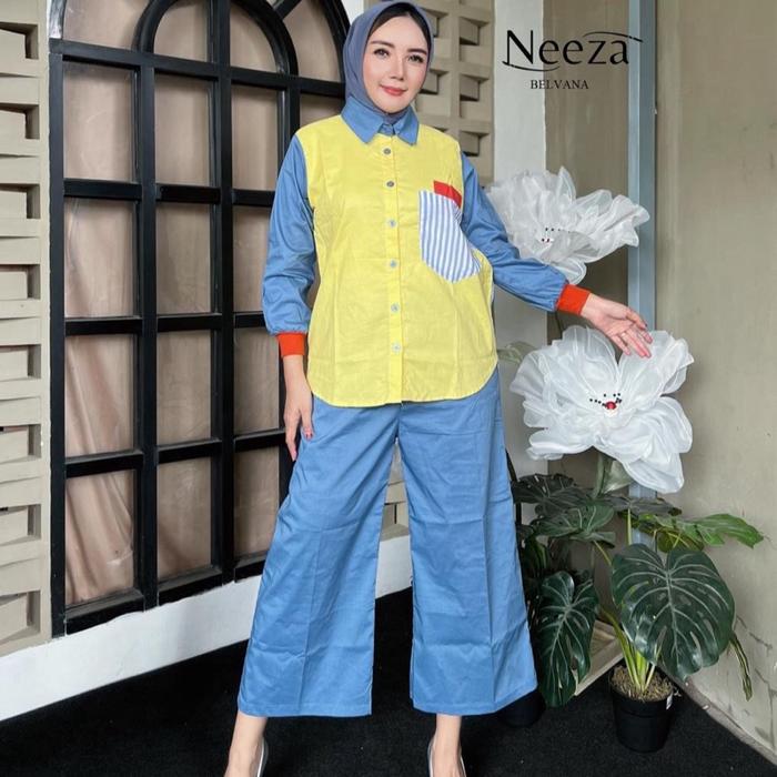 Assalammualaikum...   BELVANA ONE SET  JEENA Style   Atasan kemeja bahan kuning dan denim katun mix 