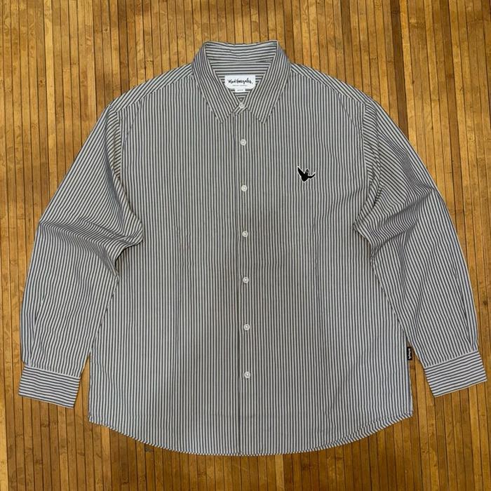 MARK GONZALES SKATEBOARDING STRIPED GREY WHITE EMBROIDERED LOGO LONG SLEEVE SHIRT thisisneverthat ca