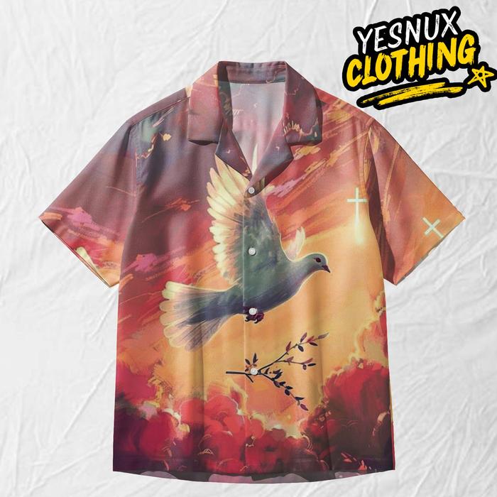 YESNUX Kemeja Rohani Kristen – Baju Motif Merpati Roh Kudus Salib Premium | YX102