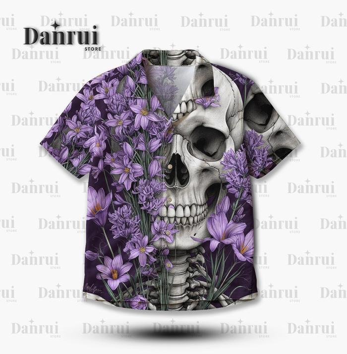 DANRUI Kemeja Motif Tengkorak Bunga Ungu – Kemeja Distro Fullprint Unisex Oversize Premium & Stylish