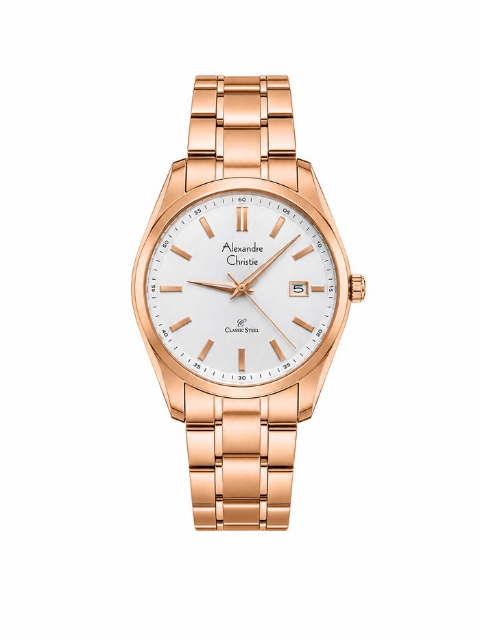Alexandre Christie AC 8514 MD Jam Tangan Pria Classic White Dial Rose Gold Stainless Steel Strap