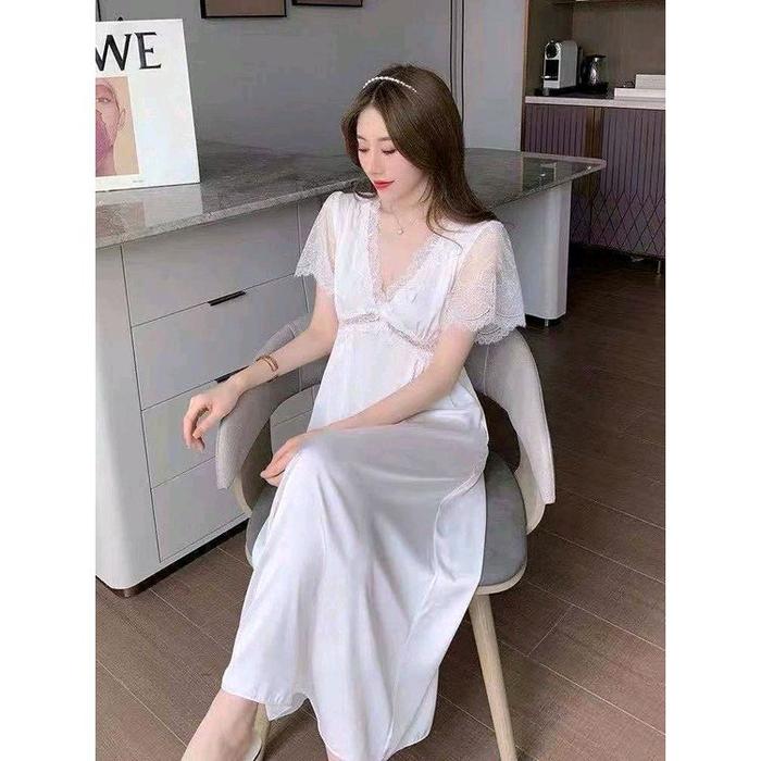 lingerie dress wanita elegant mewah deep renda Lace with bisa cup bra lengan longdress tipis sexy ba