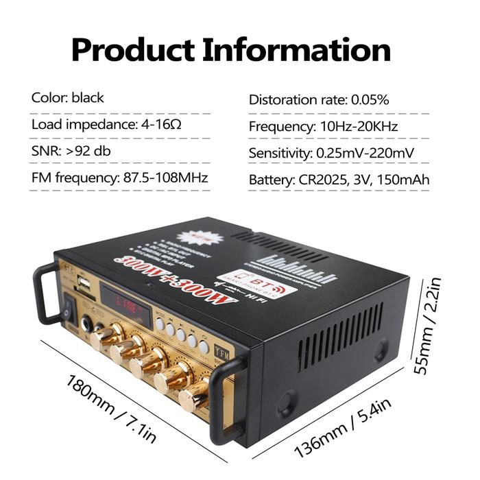 Mini 2CH LCD Display HIFI Audio Stereo Power Amplifier Bluetooth FM