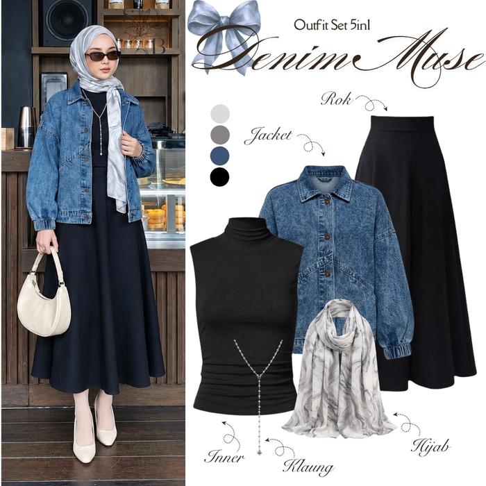 setelan pakaian Wanita Hijab Denim Muse | Rok Joda + Jacket Jeans Oversize + Inner + Pashmina Viscos
