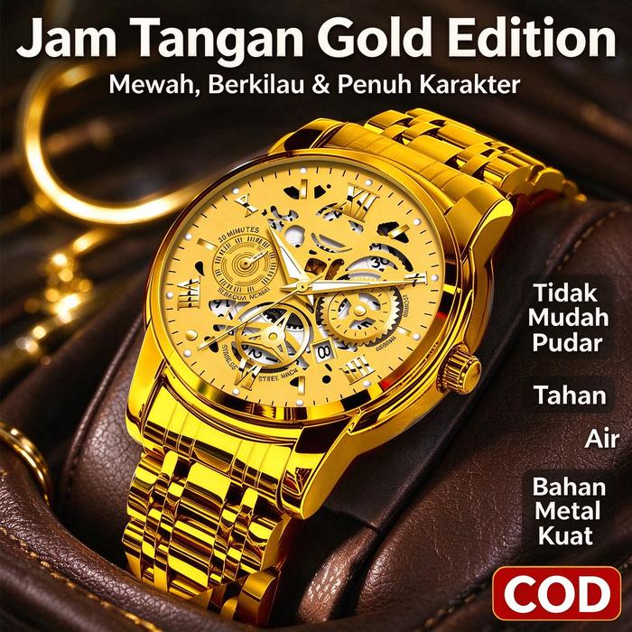 Jam Tangan Pria Skeleton Mekanik Otomatis Rantai Stainless Tahan Air Lampu Malam Kupu Kupu Satu Teka