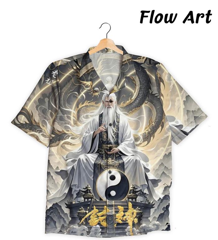 FLOW ART Kemeja Motif Master Naga Divine Wisdom Premium Unisex - Kemeja Yin-Yang Spiritual Oriental