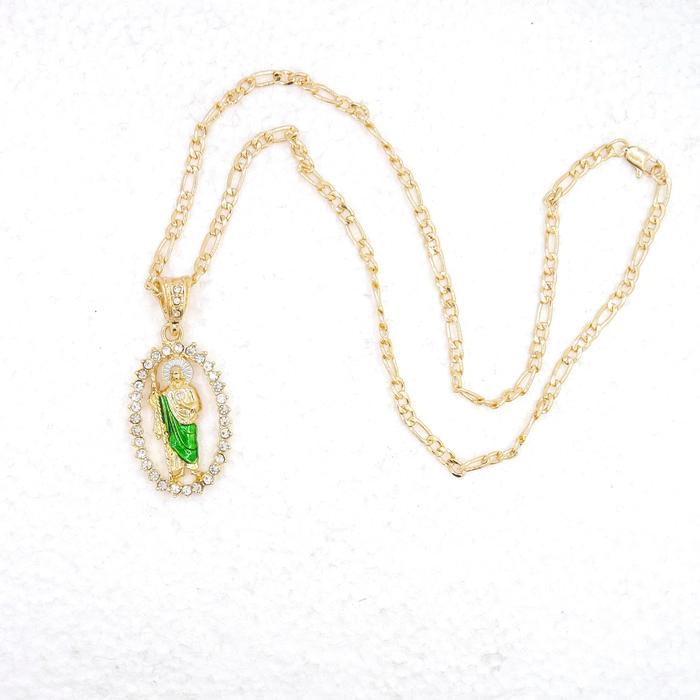 San Judas Necklace 14K Gold Plated Saint Jude Pendant Figaro Style Chain