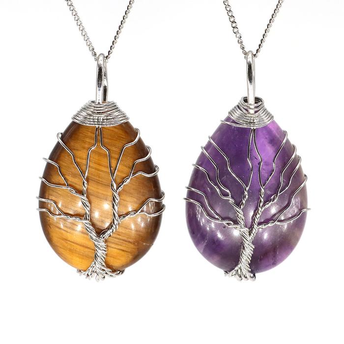 Tree Of Life Water Drop Pendant Necklace Wire Wrapped Natural Stone Crystal Amethyst Reiki Healing E