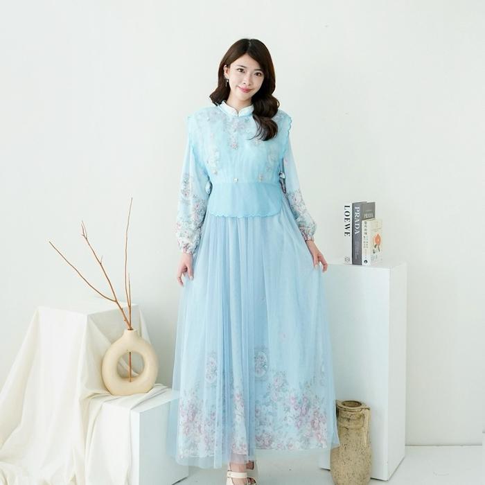Gamis Cantik Sruti Kombinasi Rompi Organgza Rompi Lepas Pasang dengan Desain Elegan dan Warna Biru M