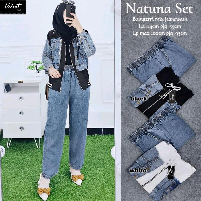 Natuna Set Wanita Dewasa Setelan Baju dan celana panjang jeans wash mix babyterri fashion baju Trend