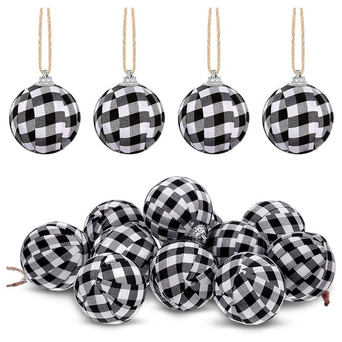Terlaris, 12Pcs Buffalo Plaid Fabric Ball Christmas Fabric Wrapped