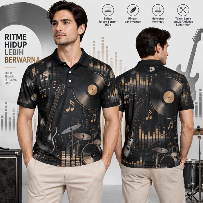 Polo Pria Hitam Motif Musik dan Piringan Hitam, Lengan Pendek, Ringan dan Nyaman