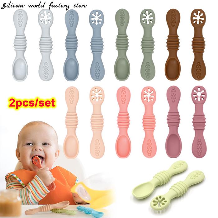Silicone world 2PCS Baby Learning Spoons Utensils Set Silicone Sticky Spoon Children Cutlery Trainin