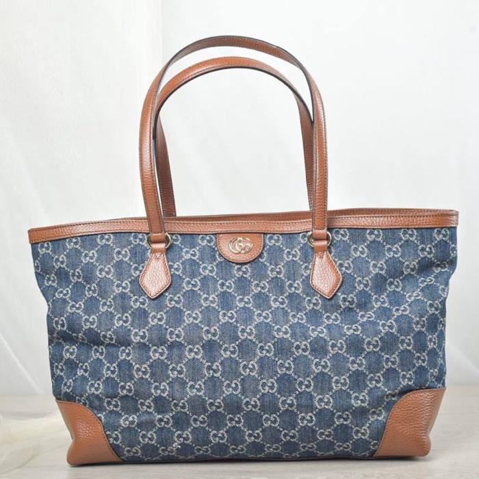 GUCCI OPHIDIA GG DENIM BLUE LARGE TOTE BAG