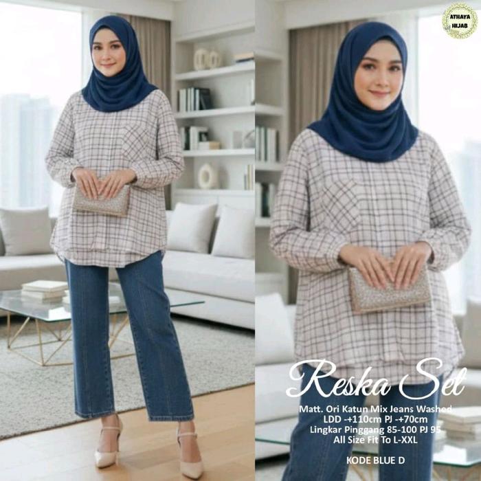 Reska Oneset Kemeja Kotak Wanita Katun LD110 Kulot Jeans Washed Premium LP Max 100 KODE BLUE D Fit L