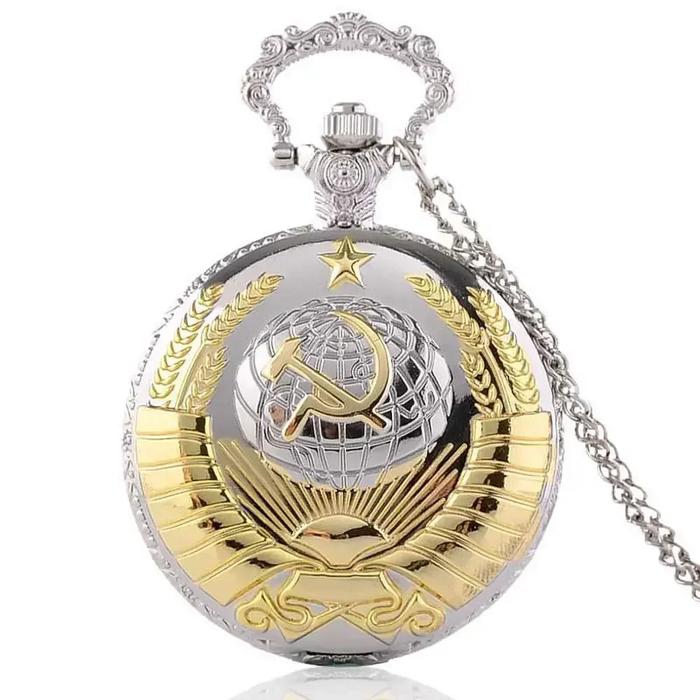 IMPORT Soviet Badges Sickle Hammer Pocket Watch Necklace Bronze Pendant Chain Quartz Clock Fashion E