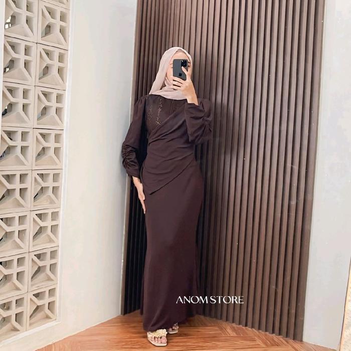 Dinara Dress Knit mix Brokat by anomstore - Gamis Duyung Elegan Wanita Simpel Melar Kekinian Mewah L