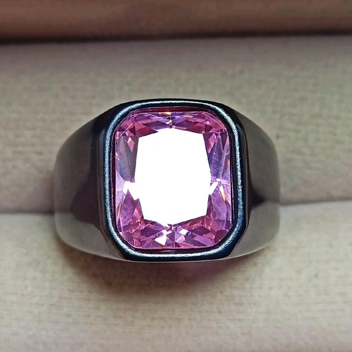 Cincin batu pink topaz kotak cutting dimensi 10X12 ring titanium rr ukuran 7,8,9,10