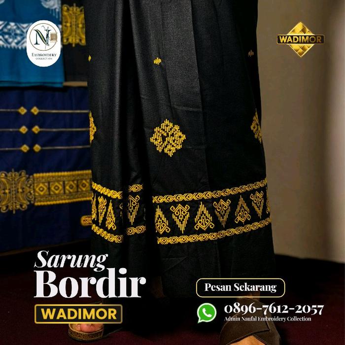 Sarung Wadimor Bordir warna hitam Motif Strimin warna emas Pria-Wanita