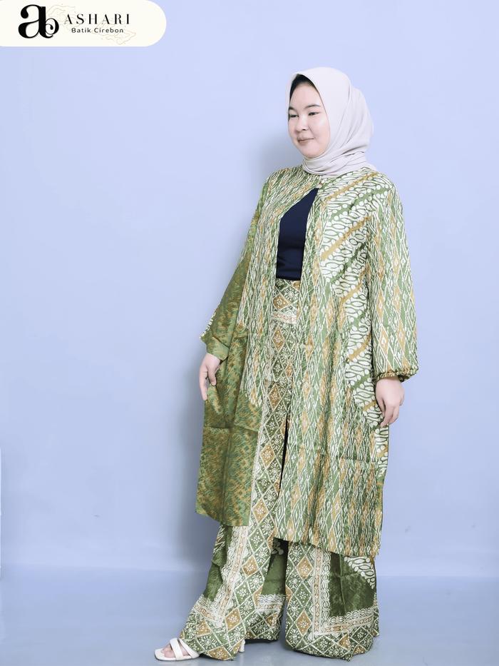 Batik Setelan Outer Sanghai + celana kulot, Bahan Viscose Semi Sutra, Ashari Batik Cirebon