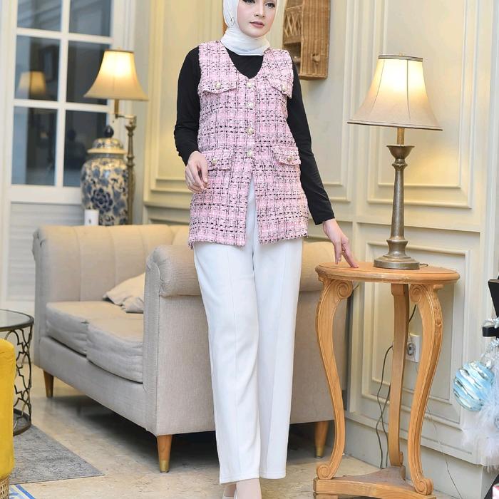 Vest Seri Bahagia 001 Pink/ Vest Tweed / Rompi Tweed / Rompi Tweed Premium Top Atasan Wanita