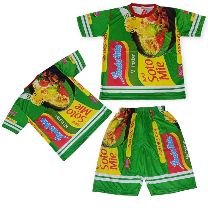 Setelan Baju Anak Gambar Indomie Soto Motif Mie Instan Hijau Lucu