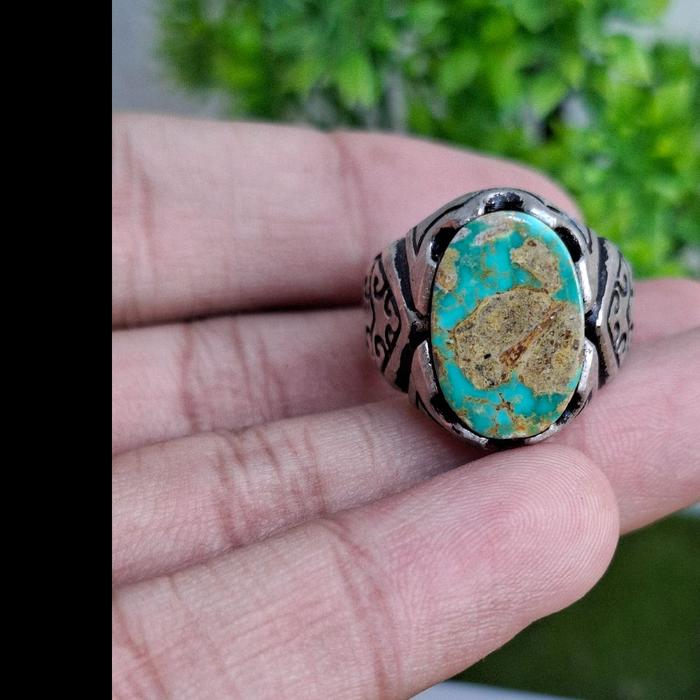 Natural Pirus Persia Origin Iran Warna Hijau Serat Emas Ring Alpaka Super Model Gerigi