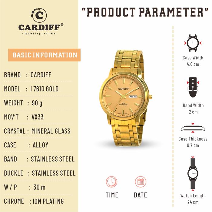 CARDIFF Jam Tangan Analog 7610 Waterresistant dengan Bahan Stainless Steel dan Ion Plating Tahan Air