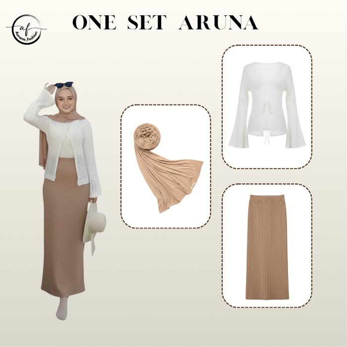 One Set Wanita 3in1 Outfit Pantai Terbaru Outer Cardi Jaring Jaring Rok Knit Pashmina Kaos Topi Pant