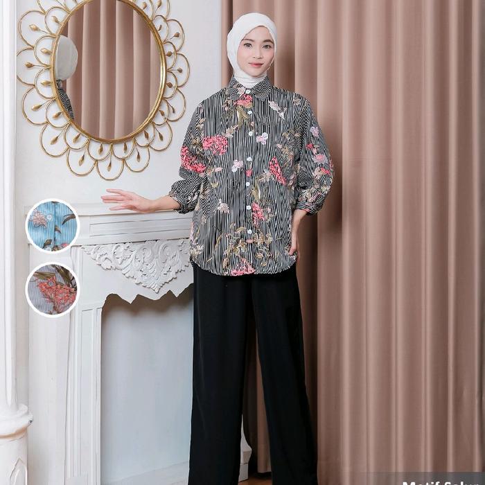 Baju Atasan Kemeja Casual Wanita Model Kayfa Bahan Kain Monalisa Lux Salur Motif Bunga