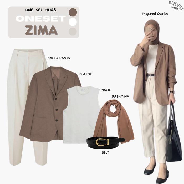 ZIMA One set Wanita / Atasan Outer Blazer Katun Linen Coklat Kancing / Inner Rib Tebal / Celana Bagg