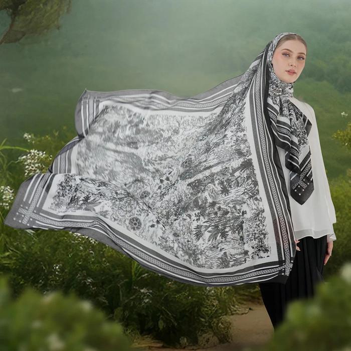 IVAN GUNAWAN PRIVE - Jardin White Scarf by IVAN GUNAWAN ORIGINAL - Hijab Jilbab Segi Empat Motif Put