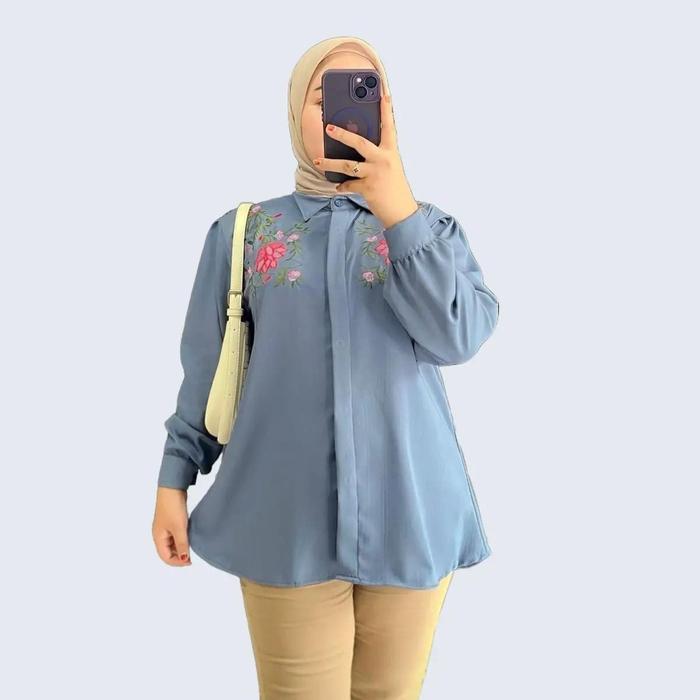 Blouse Zenta Bordir Kemeja Bordir Bunga Blouse Kekinian Atasan Wanita Casual Baju Kancing Twill