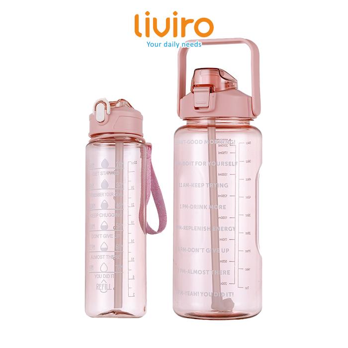 Liviro Botol Minum Bening 2in1 Isi 2 Liter dan 1 Liter Gym Bottle Olahraga Motivasi Hydration BPA Fr