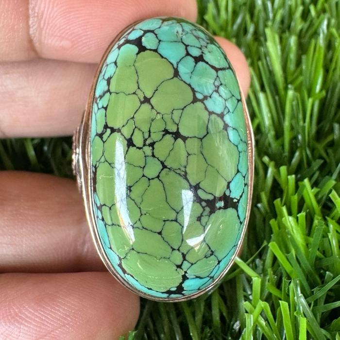Natural Cincin Akik Pirus Xinjiang Hubei Turquoise Dwi Warna spyderweb Jumbo Ageman