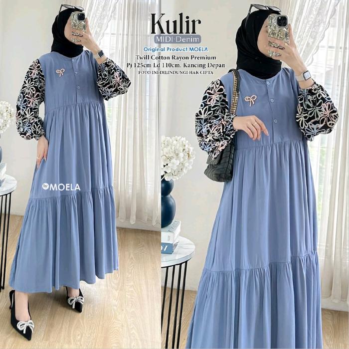 Moela Dress Midi Kulir Motif Kombinasi Rayon Premium Dewasa Kekinian Muslim Wanita Gamis Midi Lebara