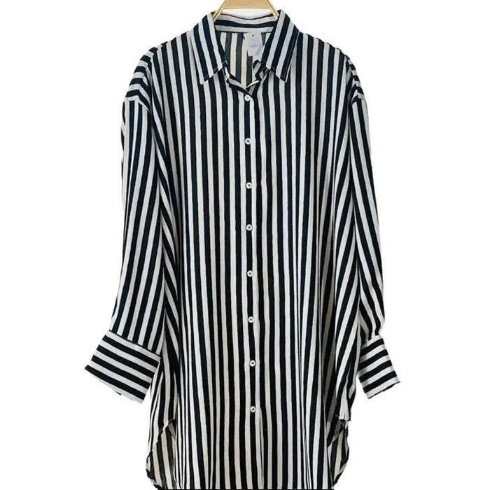 Tunik Panjang Polyrayon Wanita Motif Garis Hitam Putih Bahan Lembut Gaya Simple Elegan Atasan Musli